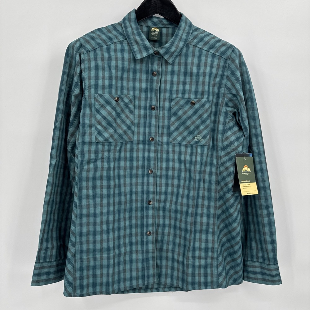EMS Quinnipiac Blue Green Check  Tech Flannel Wicking Camp Shirt Women‎ L NEW